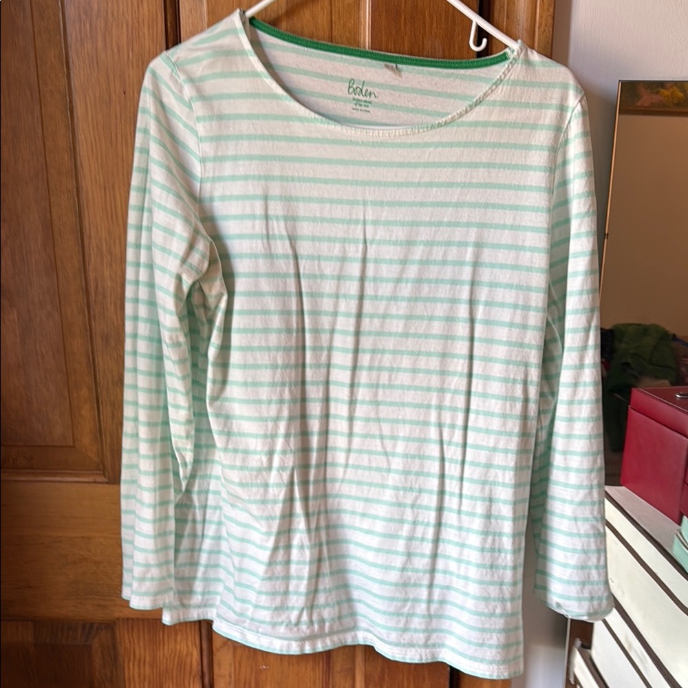 Boden Mint and White Striped Long Sleeve Top